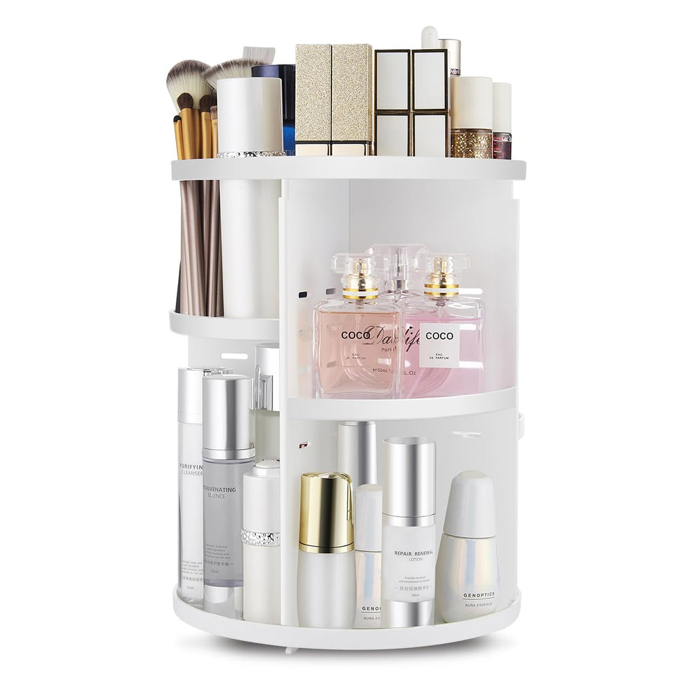 seinlife 360 rotating makeup organizer, top view, keeps brushes and cosmetics within easy reach.