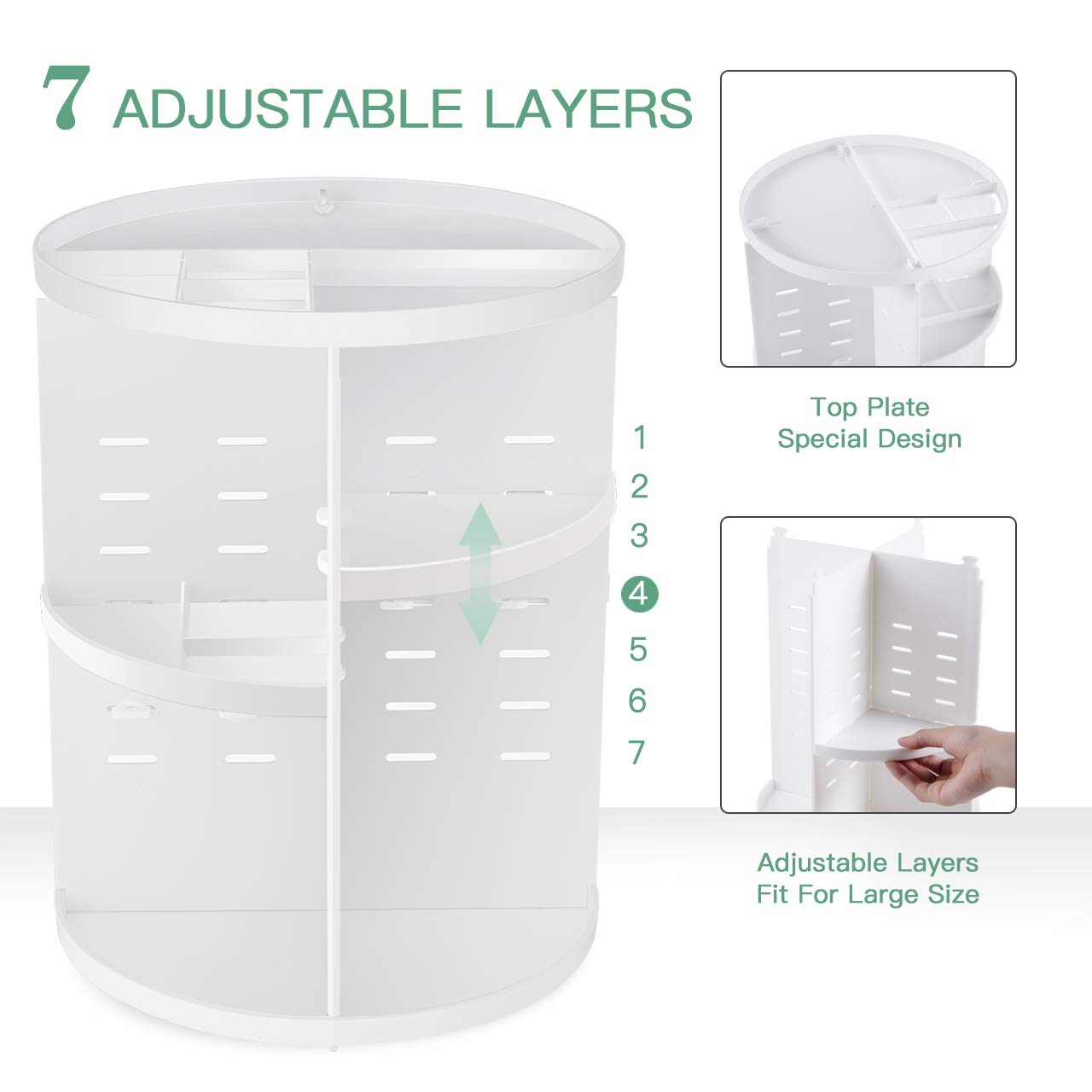 seinlife adjustable 7 layer trays, height adjustable storage for varied cosmetics.