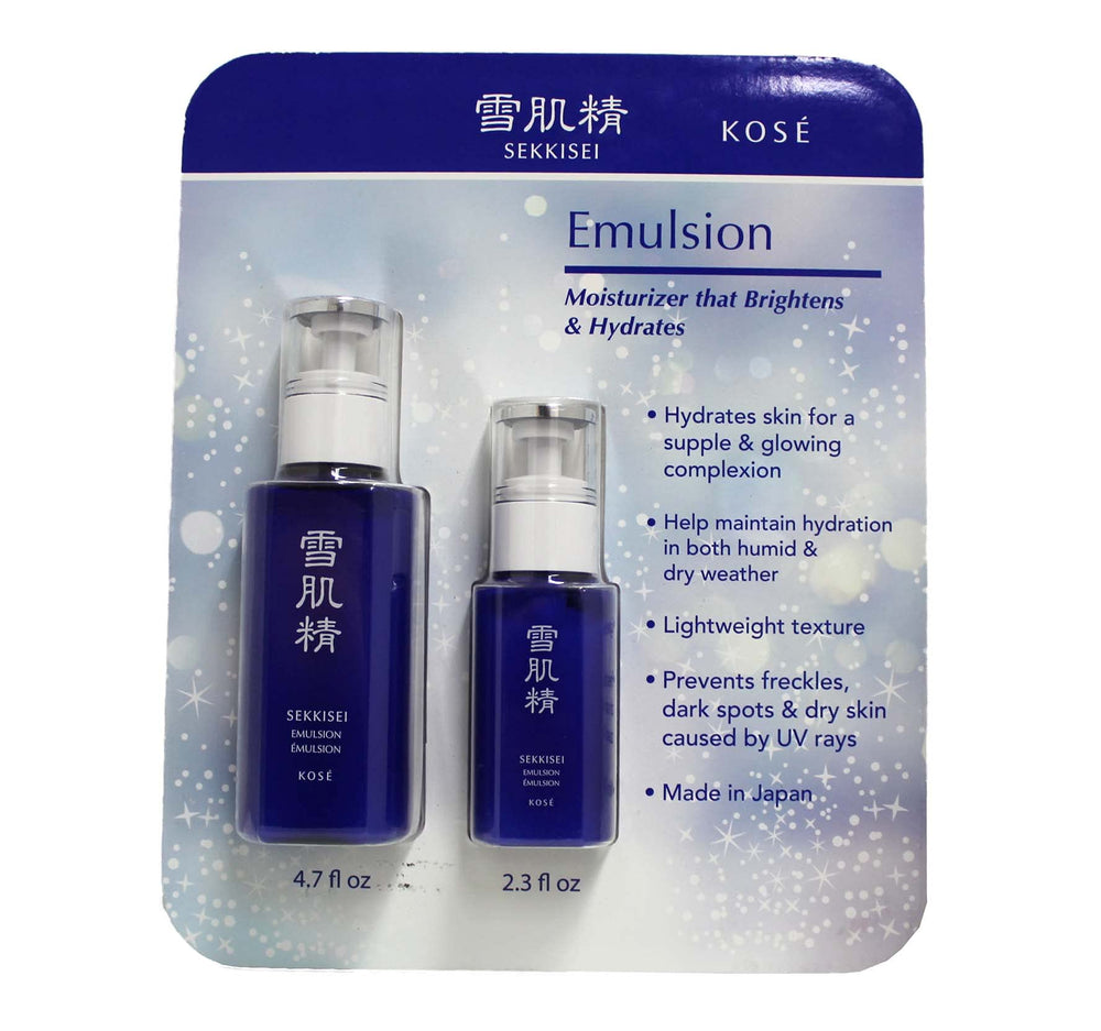 SEKKISEI Emulsion two-bottle set showcases 4.7oz and 2.3oz bottles for daily hydration and glow