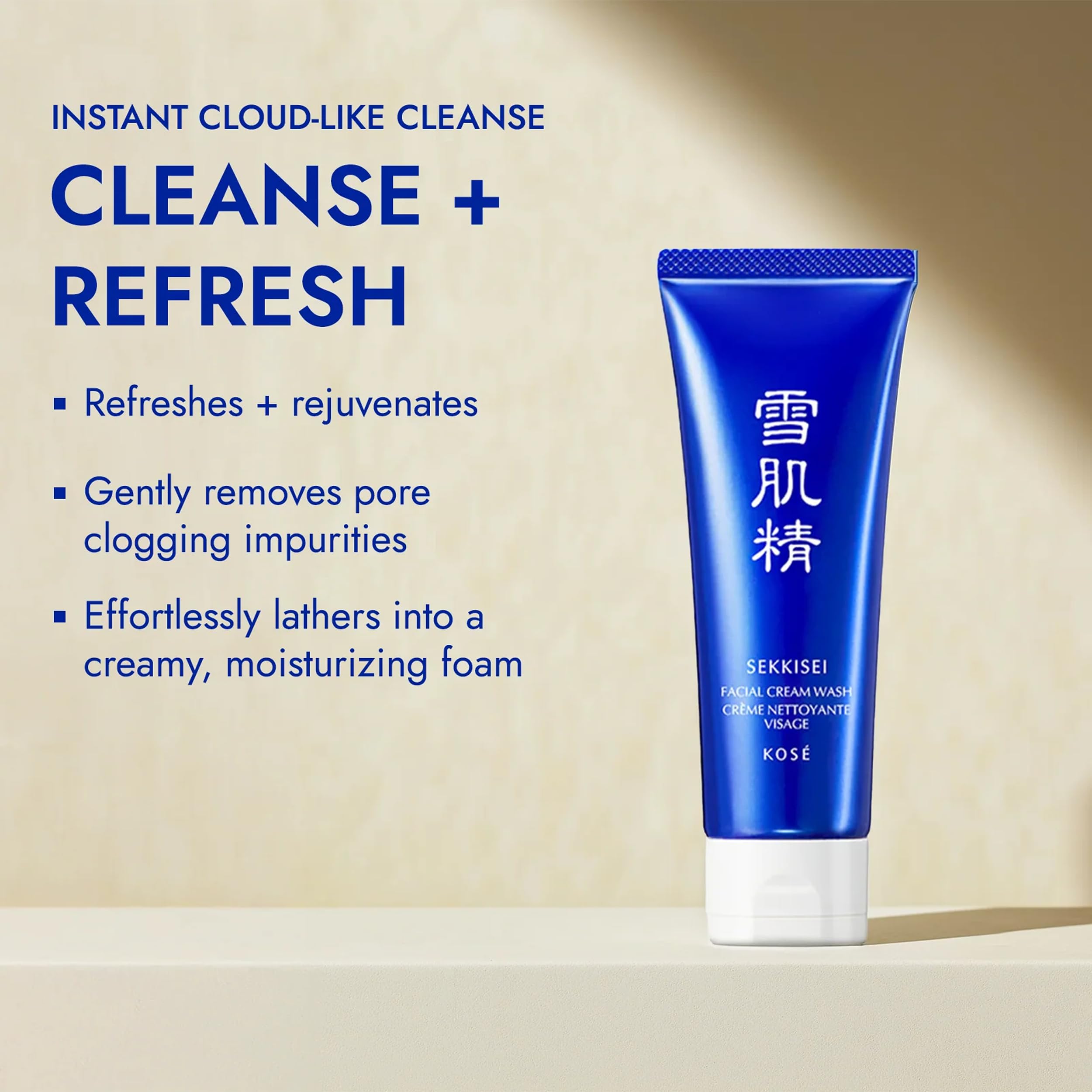 SEKKISEI Facial Cream Wash shows rich lather for calming, hydrating cleansing.