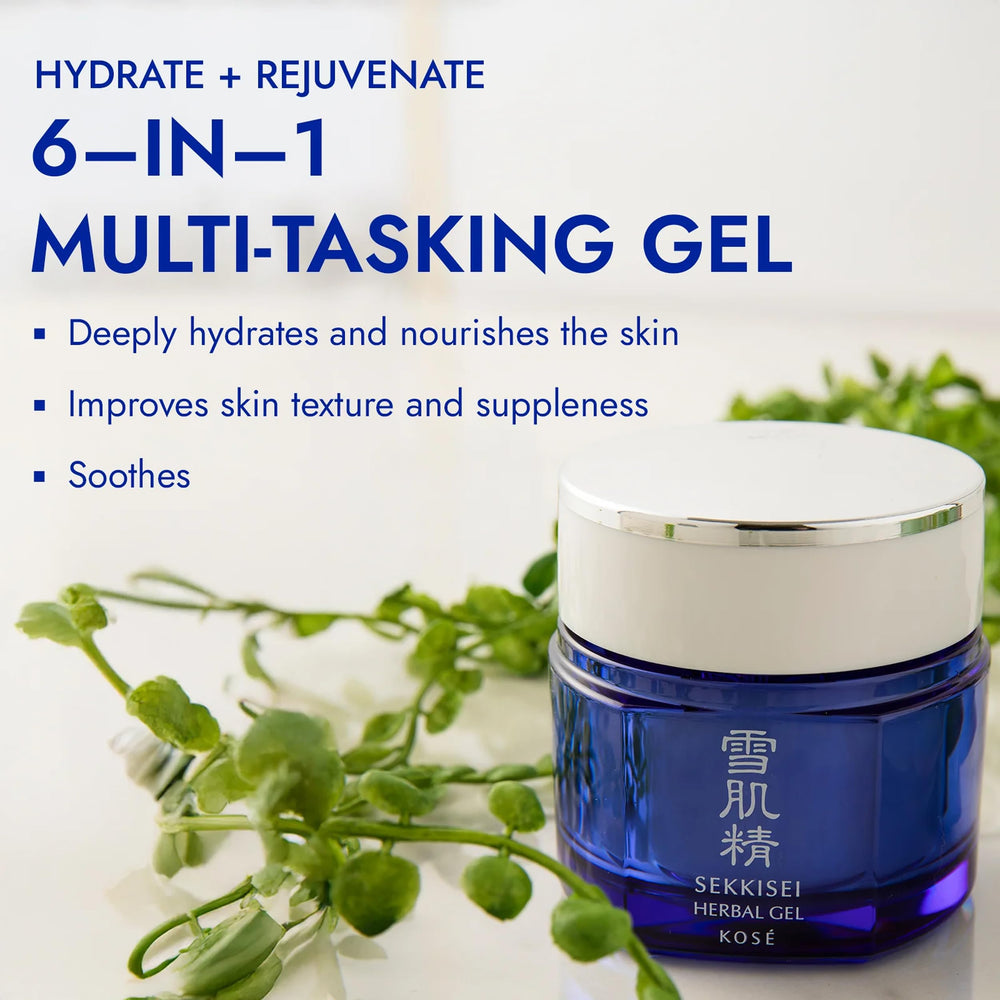 SEKKISEI Herbal Gel texture being spread on skin shows lightweight, non-sticky feel.