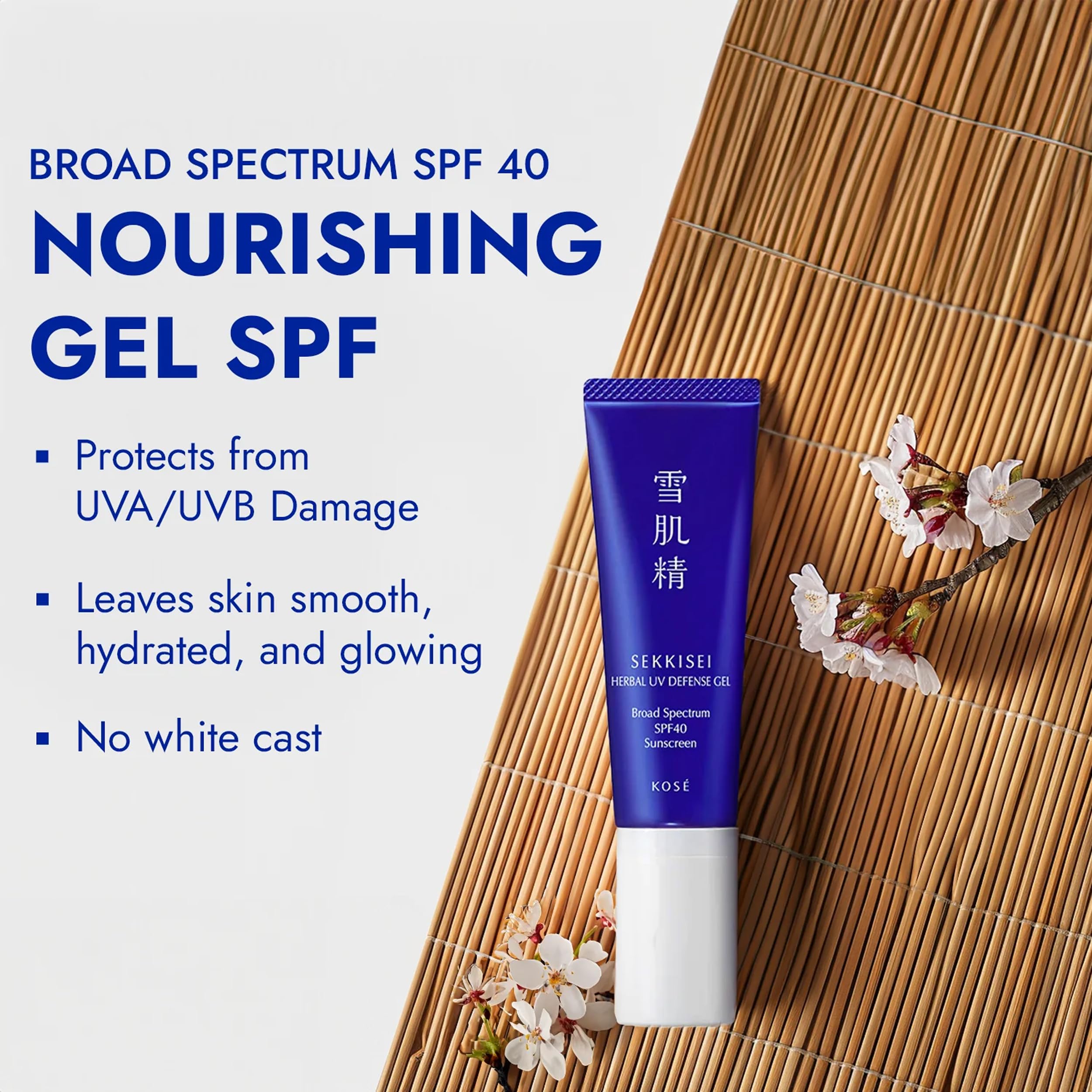 SEKKISEI Herbal UV Defense Gel texture closeup shows non-greasy, quick-absorb formula