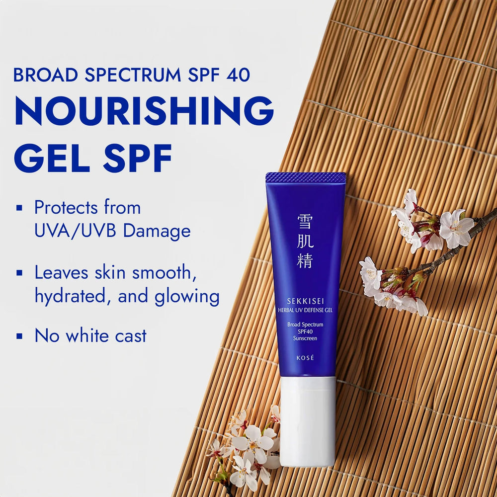 SEKKISEI Herbal UV Defense Gel texture closeup shows non-greasy, quick-absorb formula