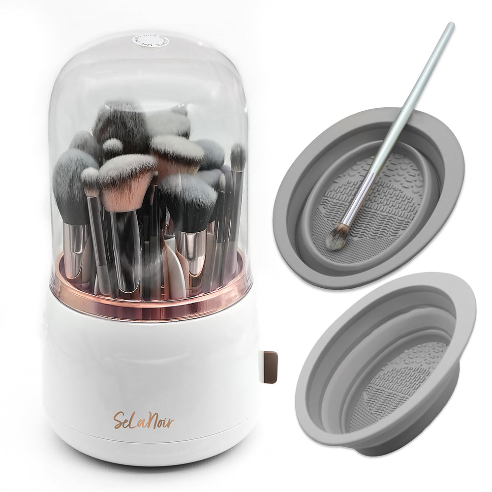 Selanoir rotating makeup brush holder with lid shows easy-access brush storage.