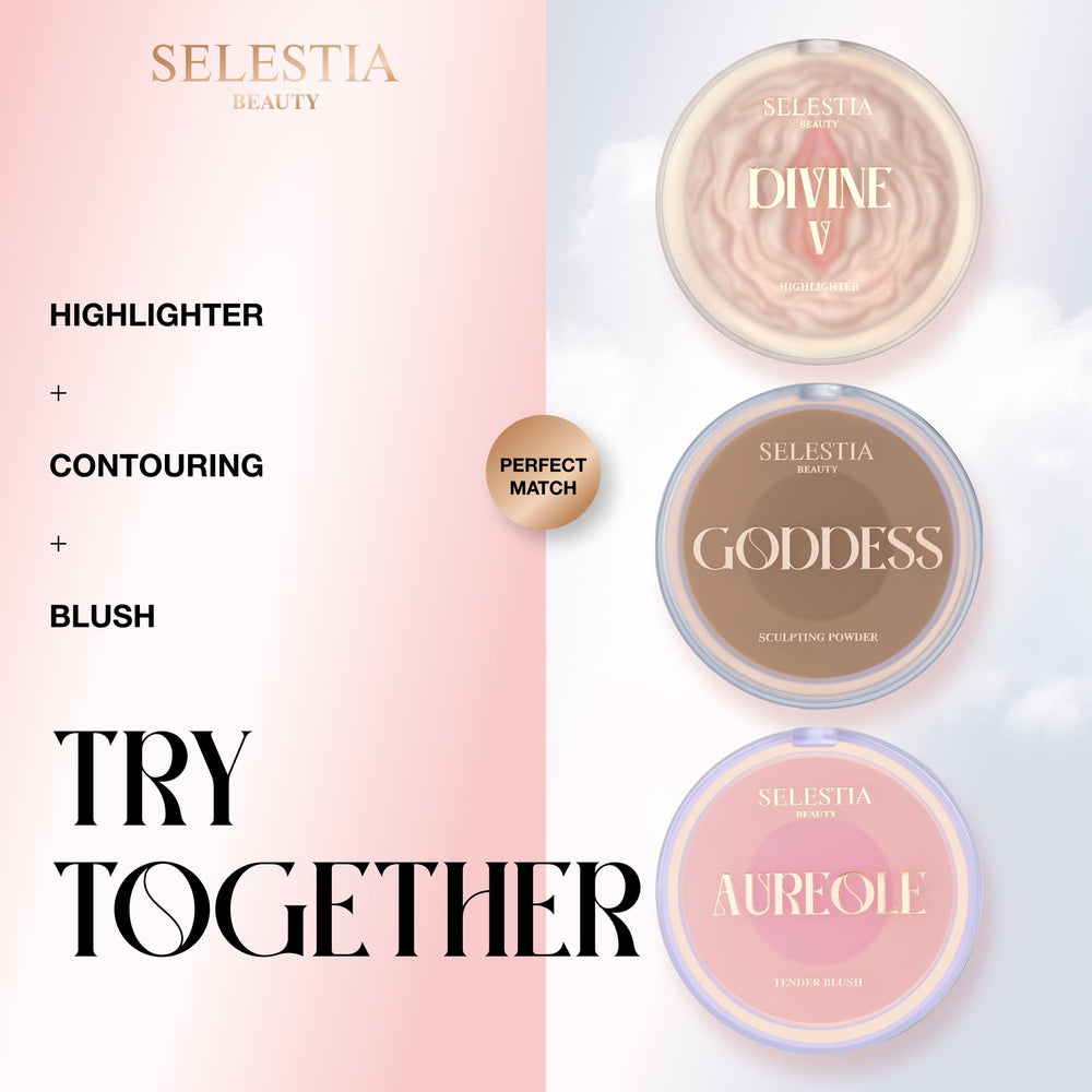 SELESTIA BEAUTY Divine V universal shade swatches show adaptable glow for many skin tones.