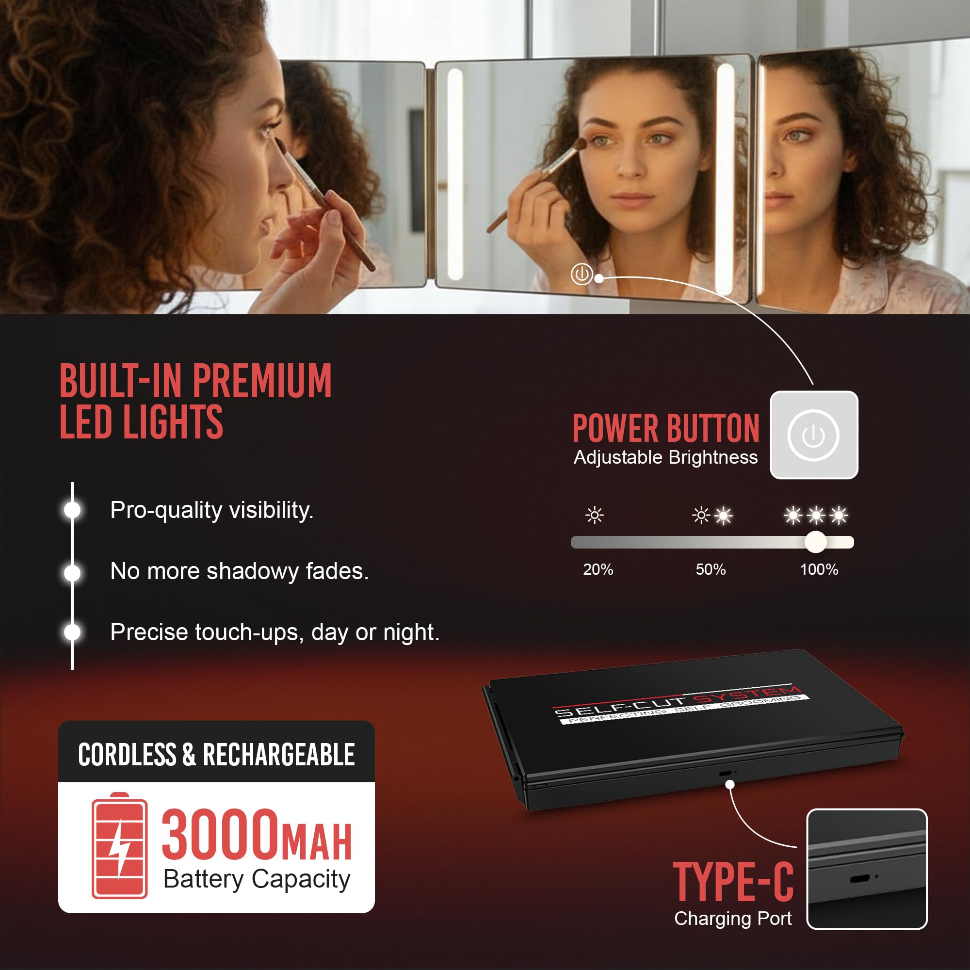 Self-Cut System 3 Way Mirror back view enables better back-of-head grooming checks.