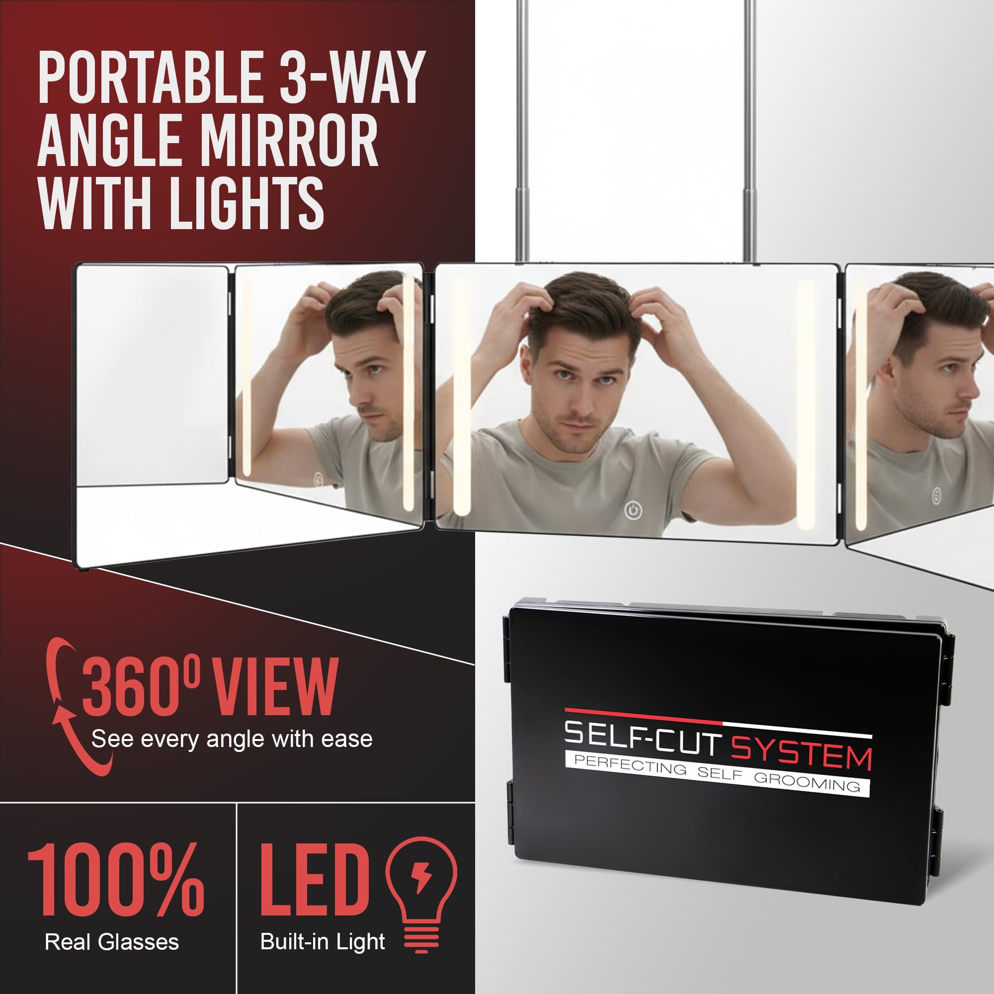 Self-Cut System 3 Way Mirror folded compact for travel and storage.