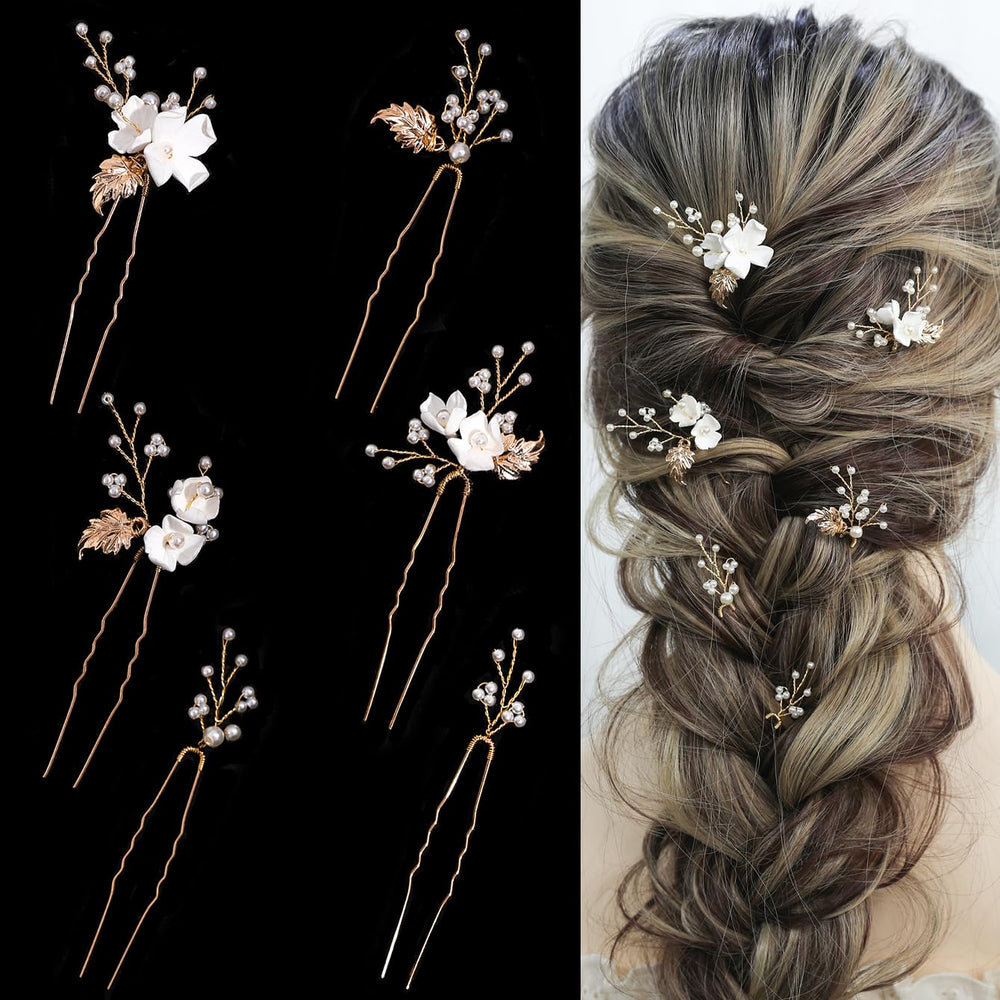 SELFCLOUD pearl hairpin wedding flower clip with white pearls and gold leaf detail for bridal elegance