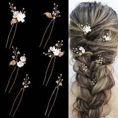 SELFCLOUD pearl hairpin wedding flower clip with white pearls and gold leaf detail for bridal elegance