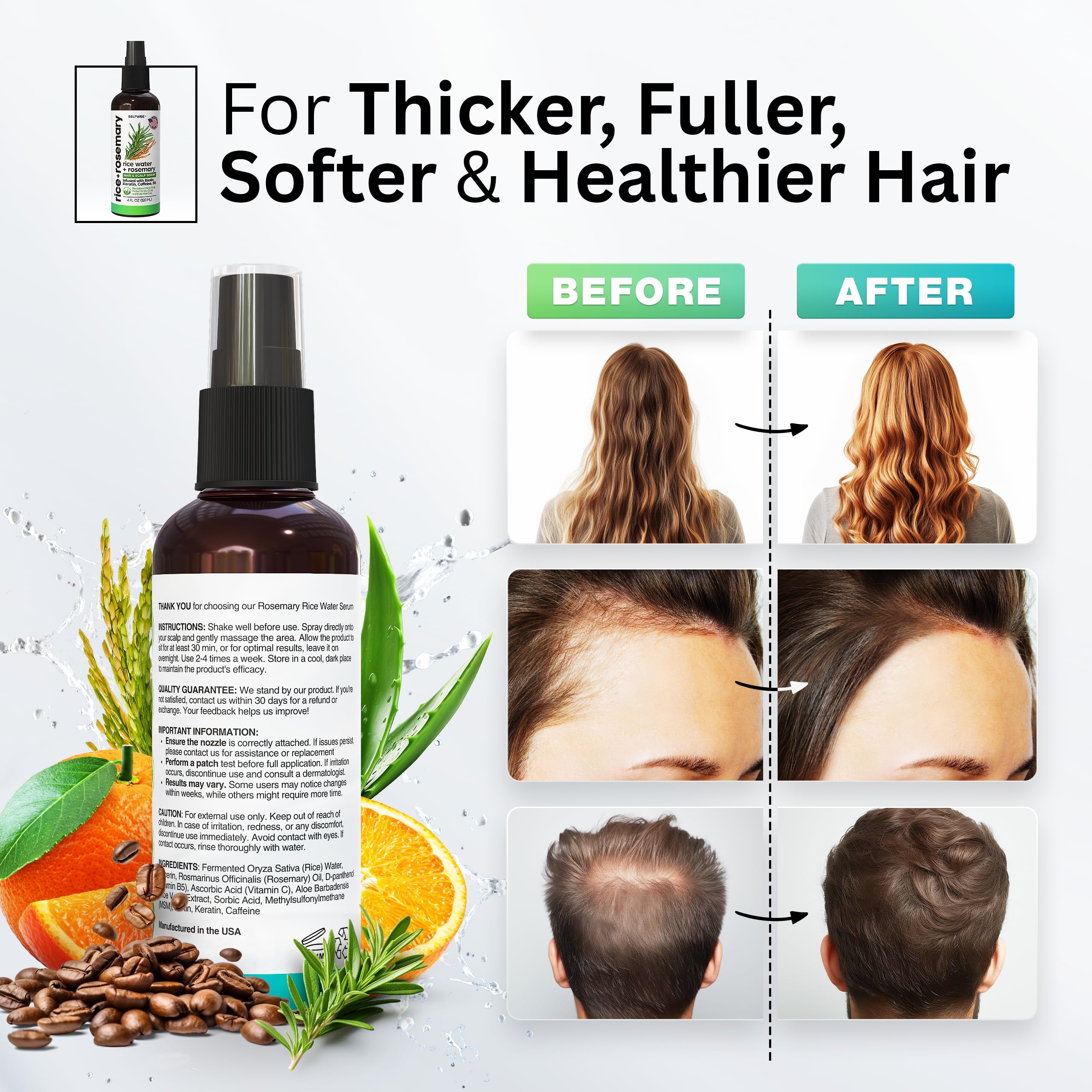 SELFWISE caffeine energizes the scalp for renewed fullness.