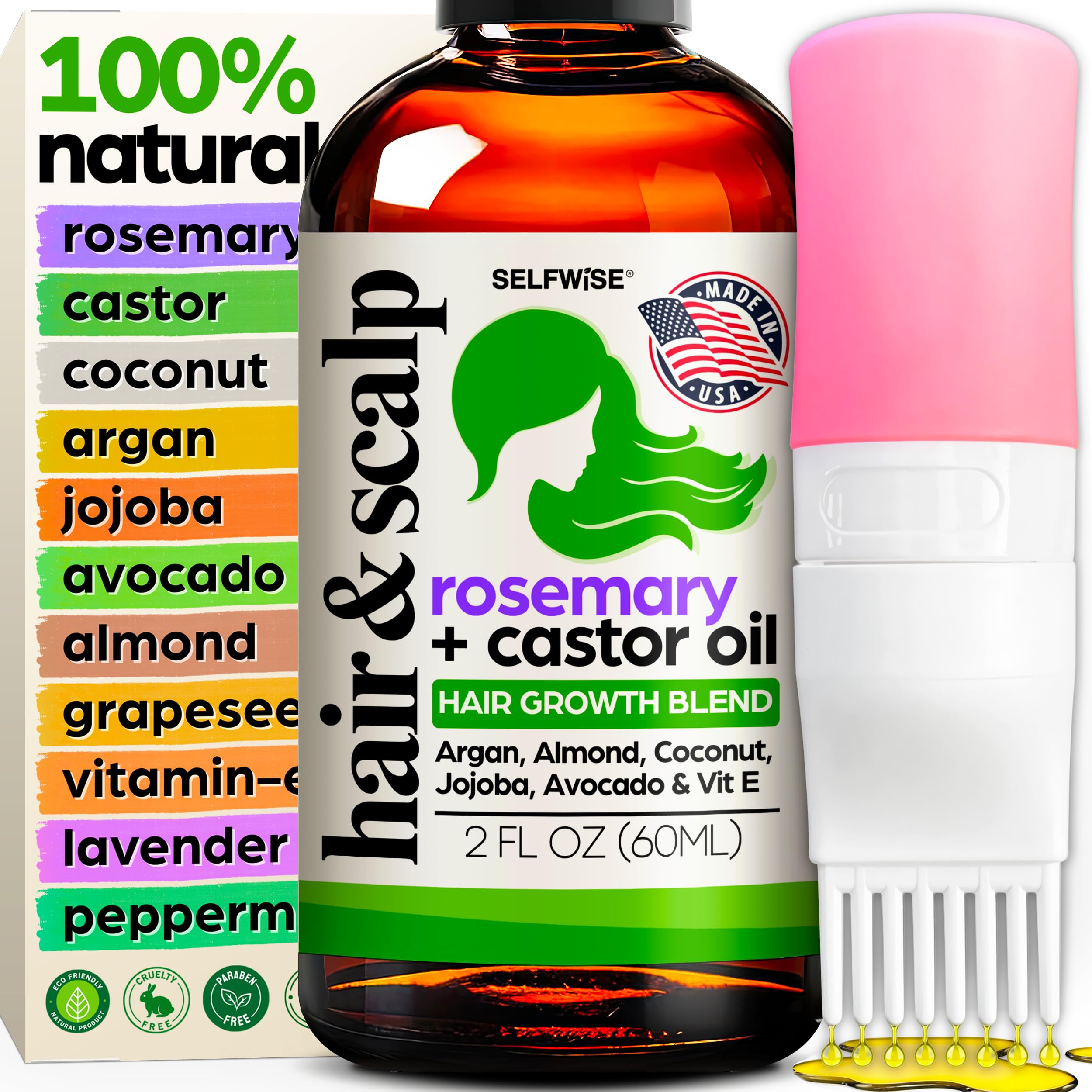 SELFWISE Organic Rosemary Oil bottle closeup shows potent scalp nourishment and growth potential