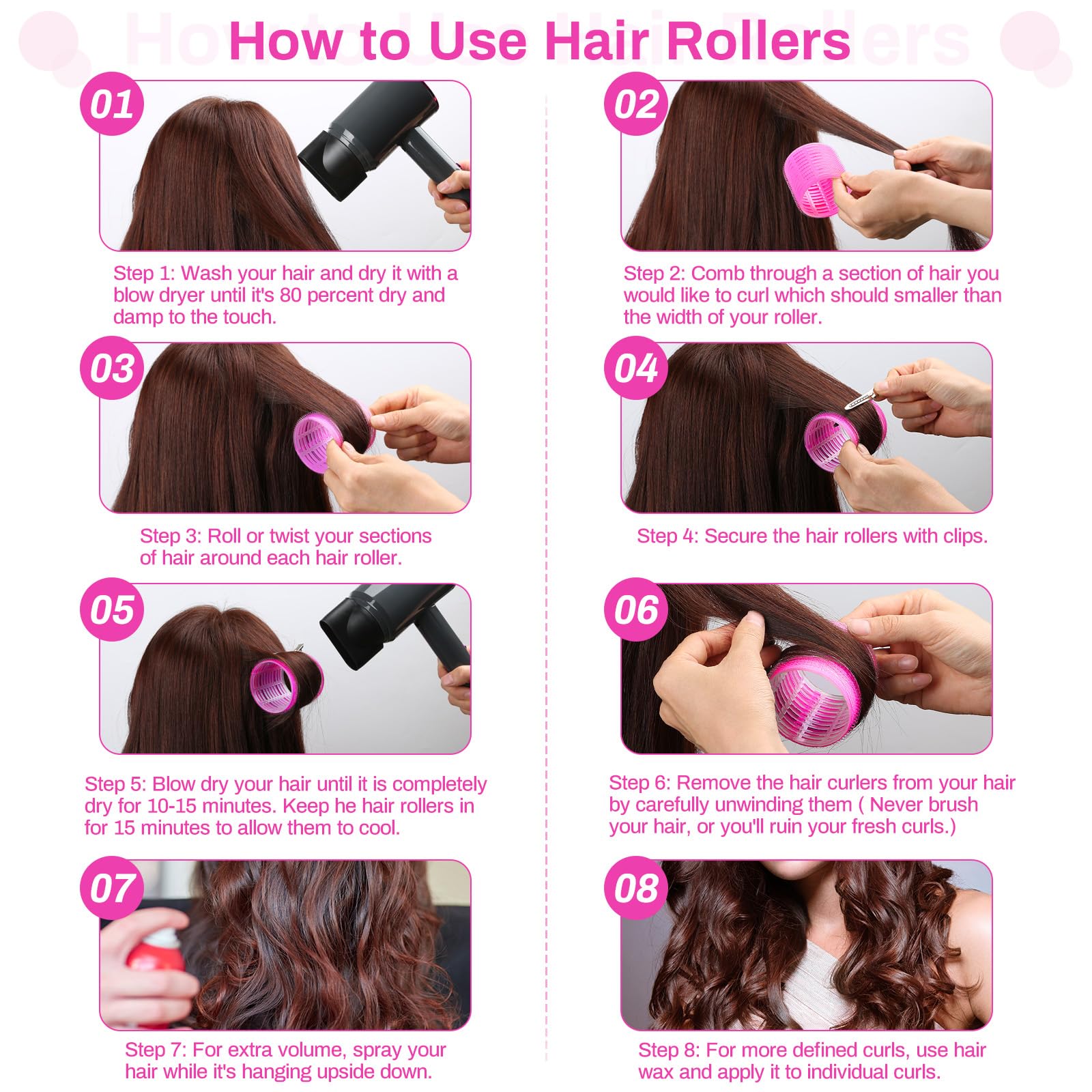 Selizo long-hair styling with jumbo rollers demonstrates lift and volume.