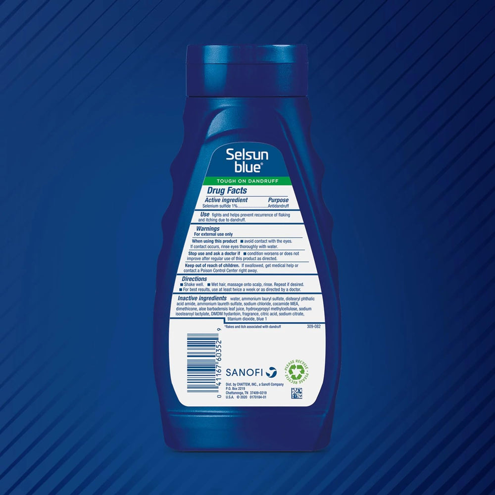 Selsun Blue aloe moisturizing shampoo application on scalp during shower for dandruff relief