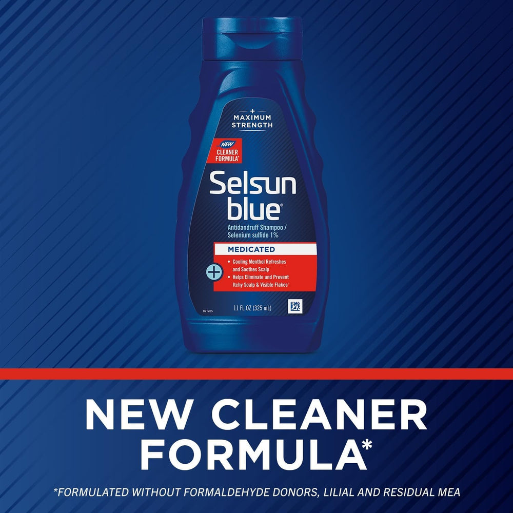 Selsun Blue bottle showcases 1% selenium sulfide for maximum strength dandruff treatment.