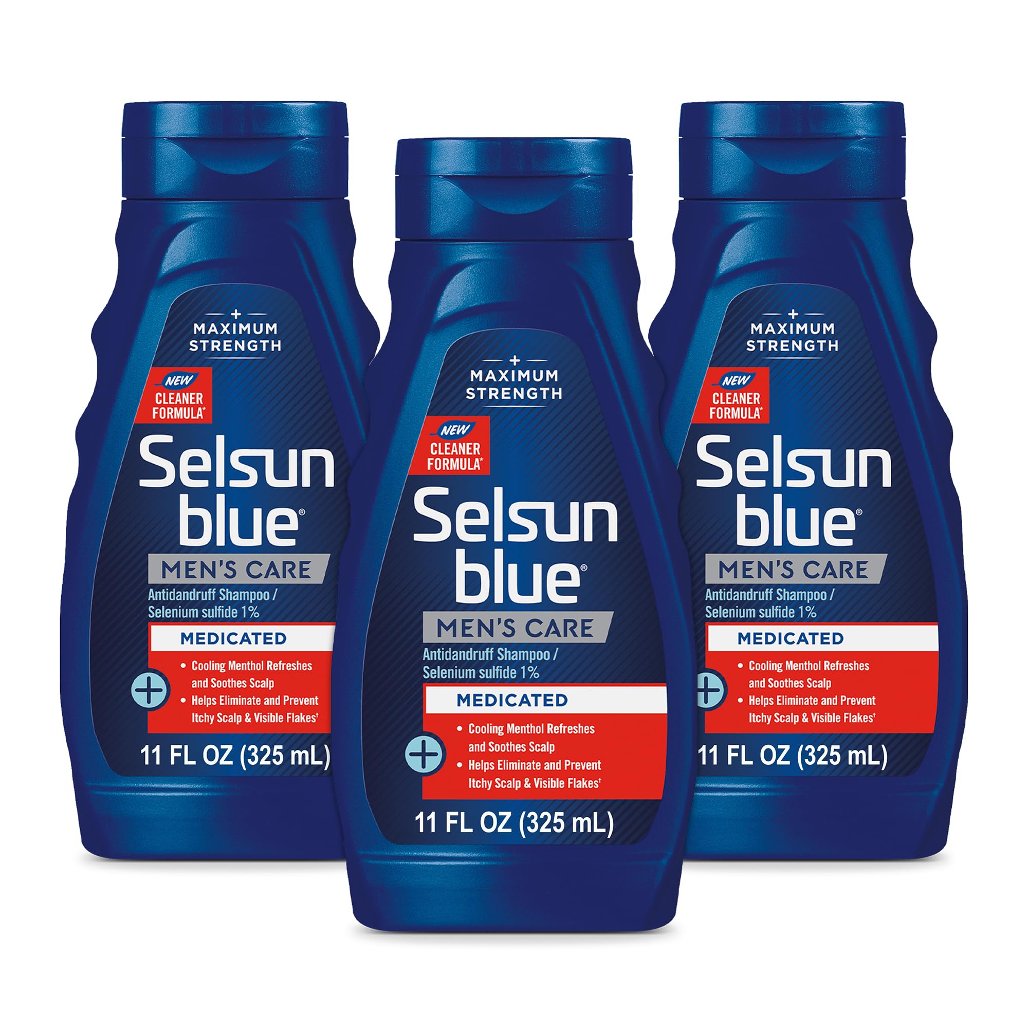 Selsun Blue medicated antidandruff shampoo pack of three bottles offering maximum strength dandruff control.