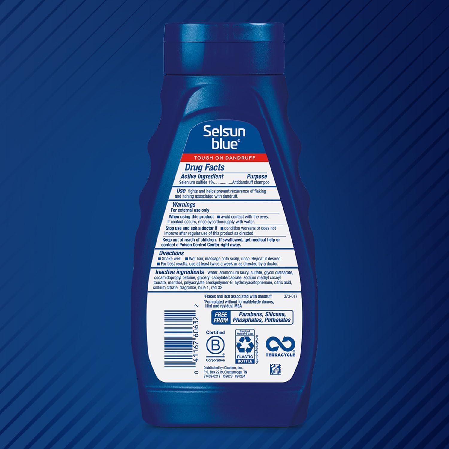 Selsun Blue bottle with menthol cooling relief for scalp.