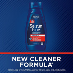 Selsun Blue bottle showing rich lather and refreshing menthol cooling.