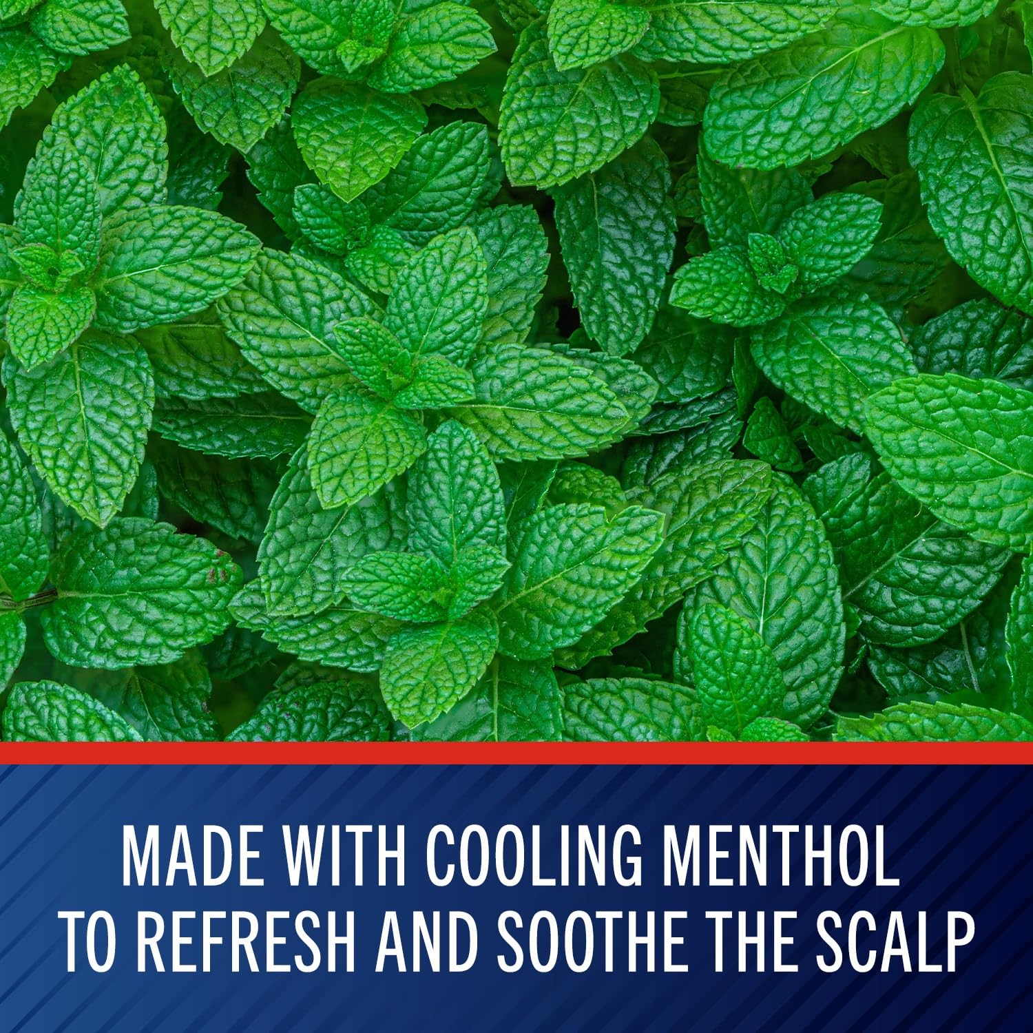 Selsun Blue bottle with mint leaves signaling cooling relief.