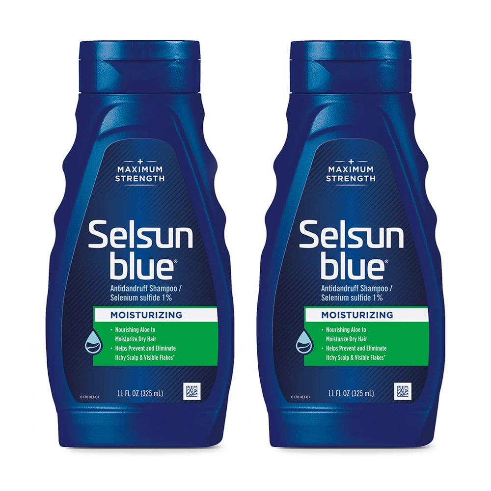 Selsun Blue moisturizing anti-dandruff shampoo bottle with aloe for hydrated hair