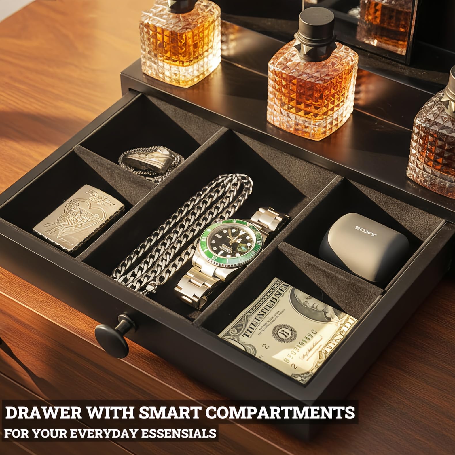SeLuM uncluttered display in a modern dresser keeps grooming essentials organized.
