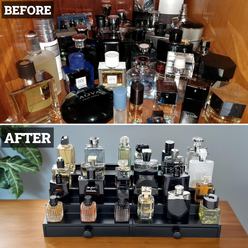 SeLuM dresser-top display with bottles neatly arranged