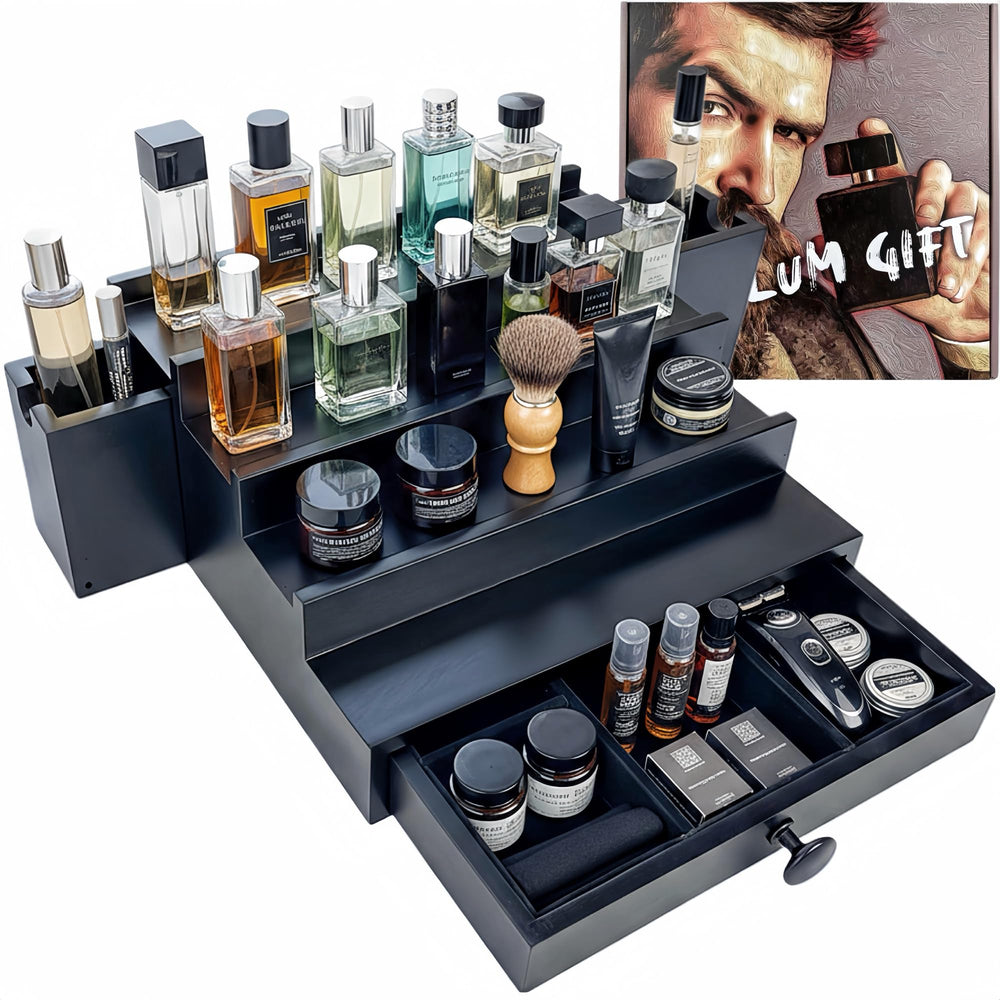 SeLuM wooden cologne organizer top view highlights elegant woodgrain and organization