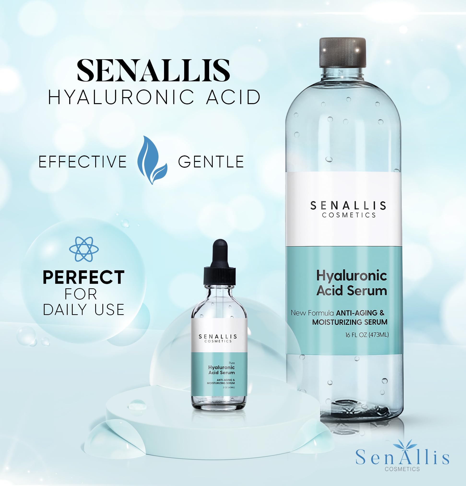 SenAllis Hyaluronic Serum in-use application with tiny drops for hydration.