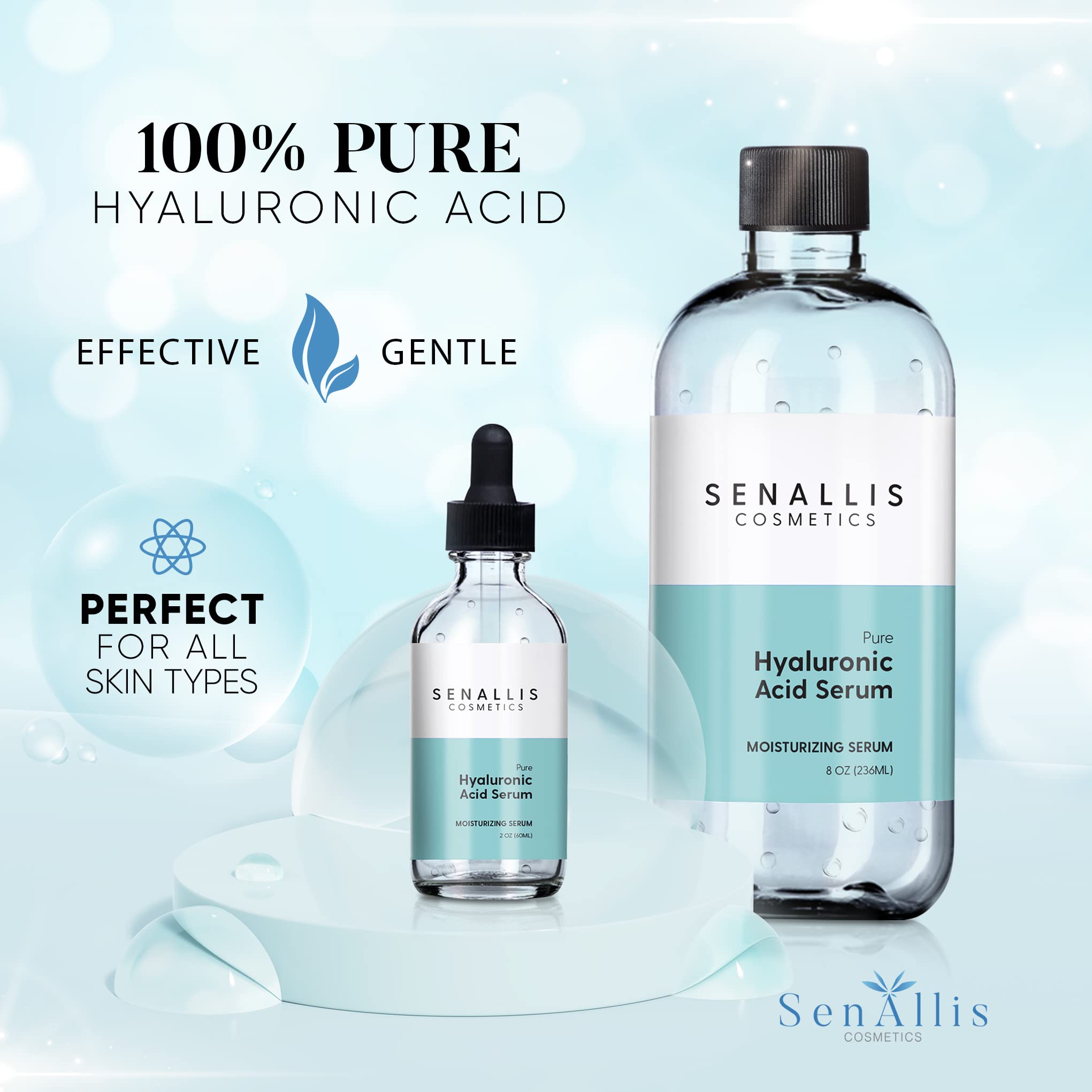 Closeup of SenAllis Hyaluronic Serum bottle highlighting pure HA for daily moisture