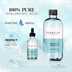 Closeup of SenAllis Hyaluronic Serum bottle highlighting pure HA for daily moisture