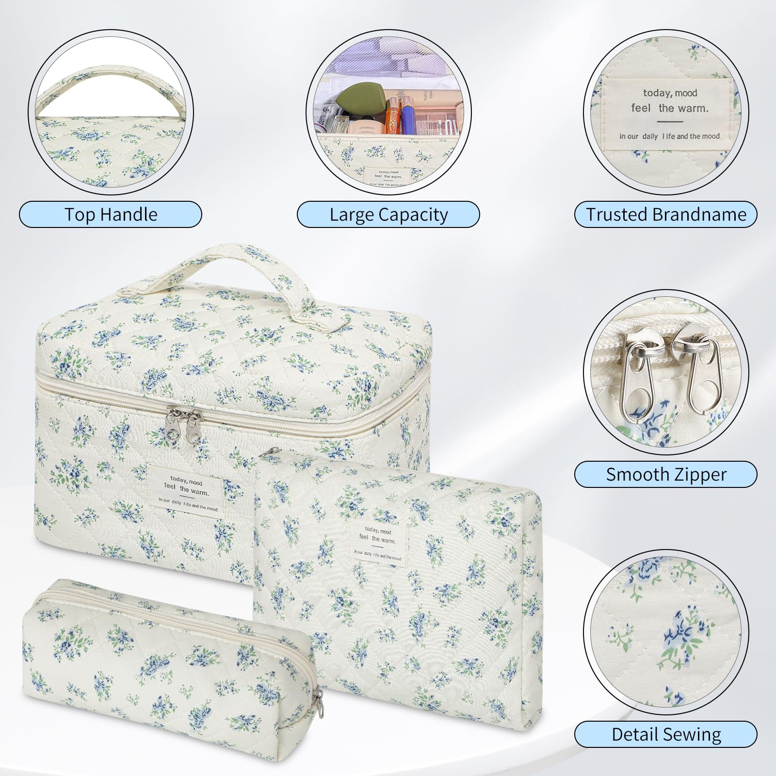 Senbowe floral makeup bag set opened view, shows easy access ergonomic zippers.