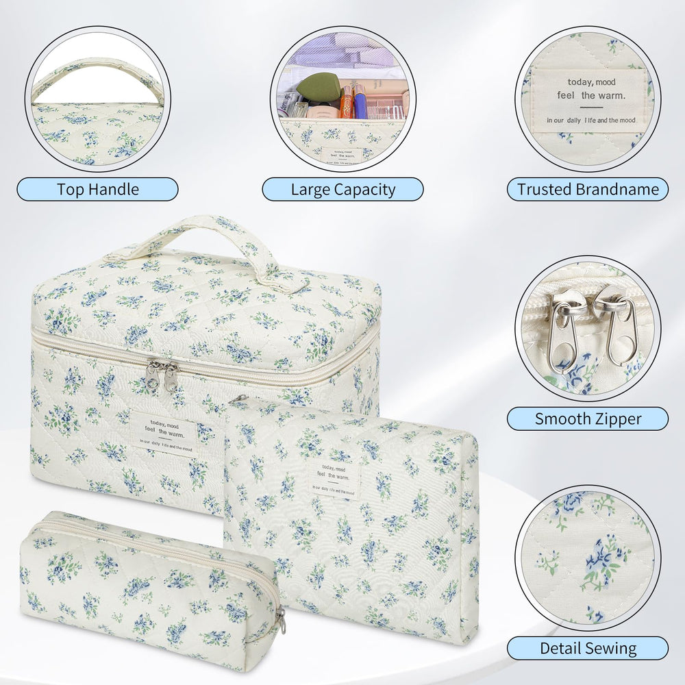 Senbowe floral makeup bag set opened view, shows easy access ergonomic zippers.