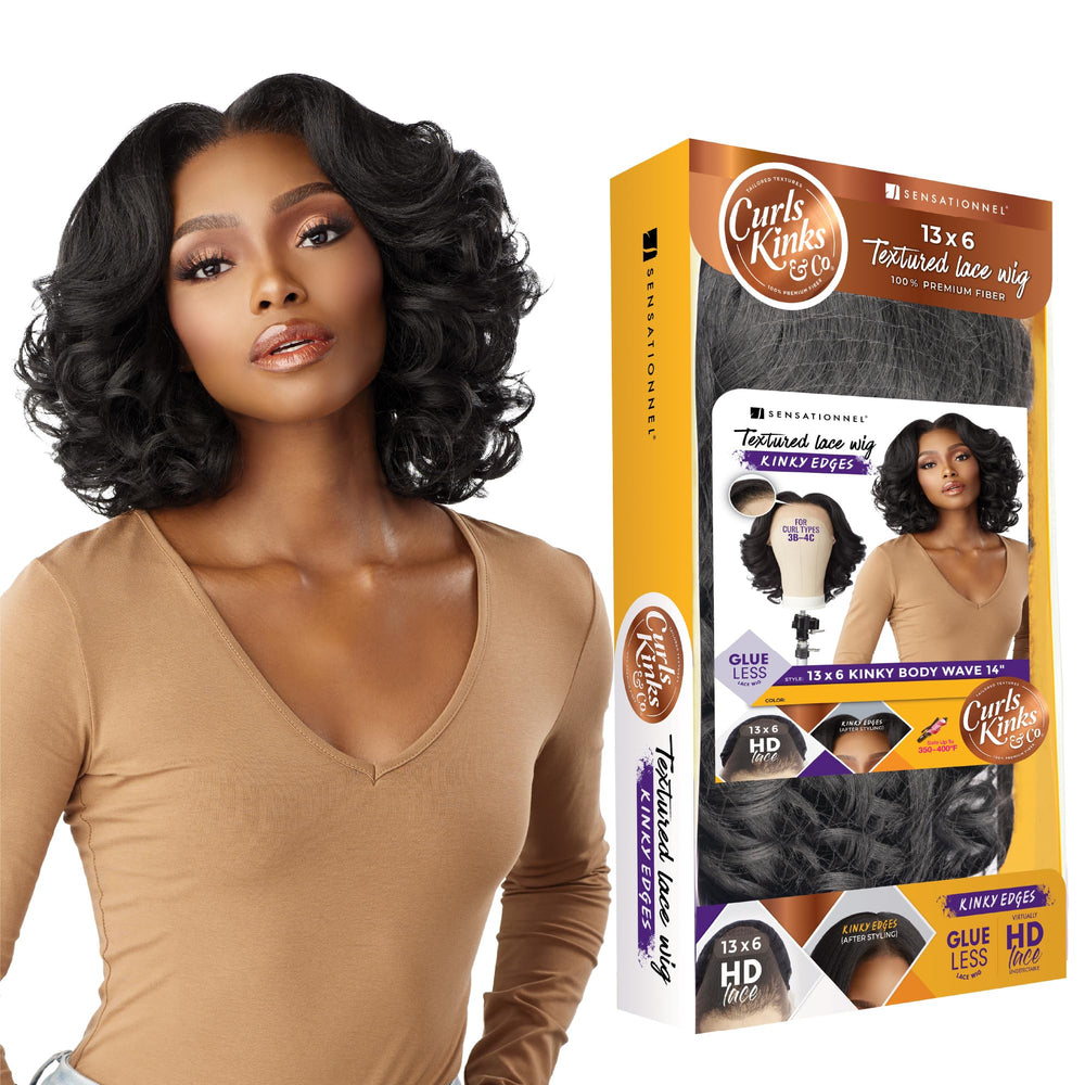 Sensationnel Curls Kinksandco wig front view showcases natural hairline and versatile parting.