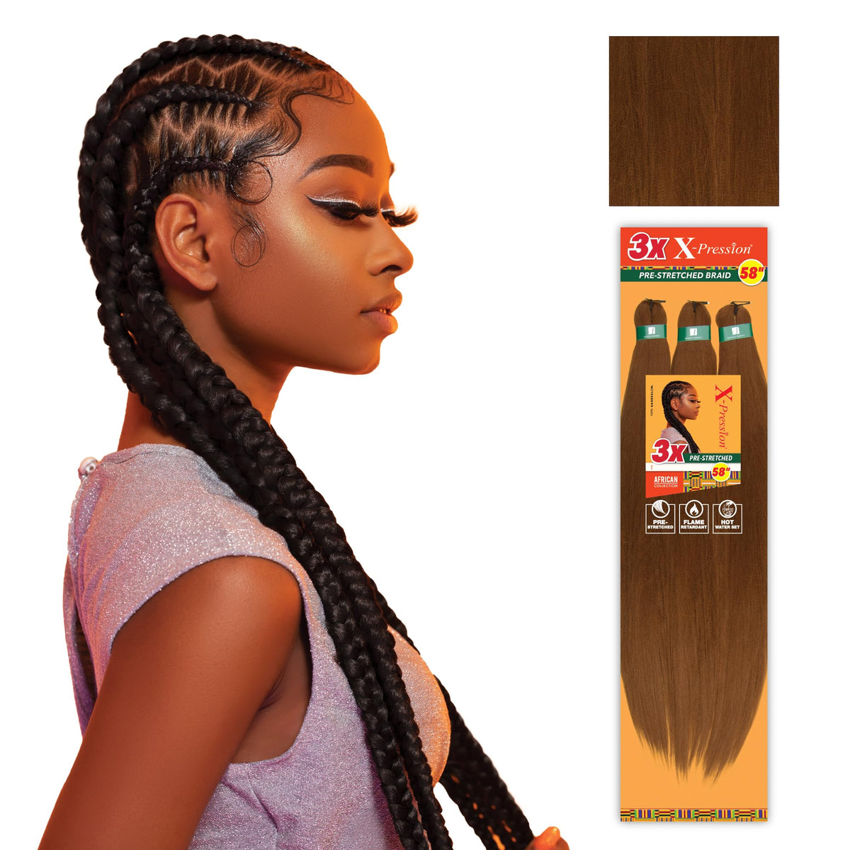 Sensationnel X-pression pre stretched braid pack front view for easy install and natural look.