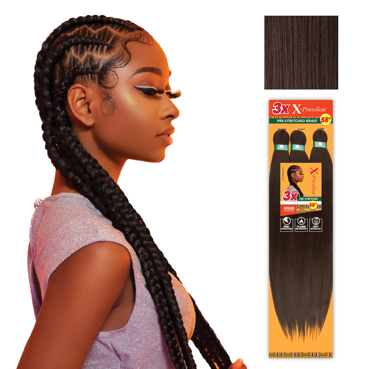 Sensationnel X-pression prestretched braid packaging shows quick protective styles in a 2-pack.