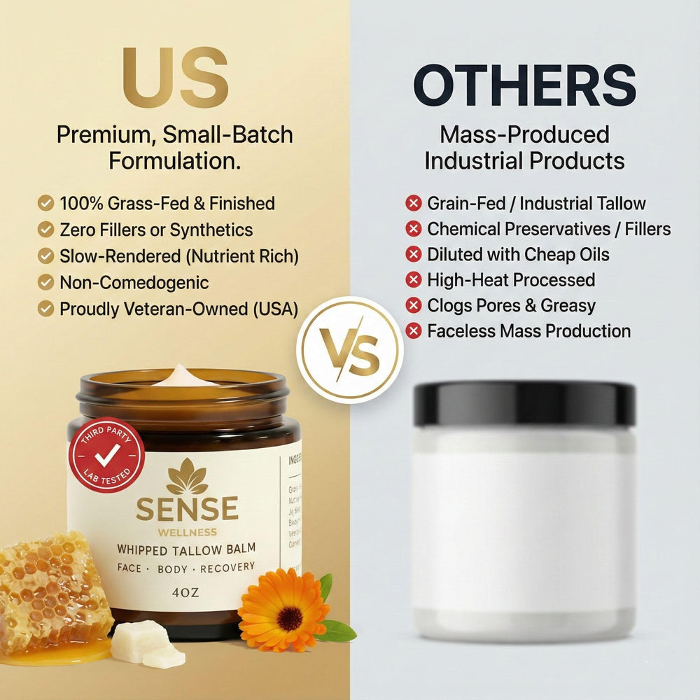 Sense Wellness veteran-owned badge on packaging communicates trusted, small-batch craft.