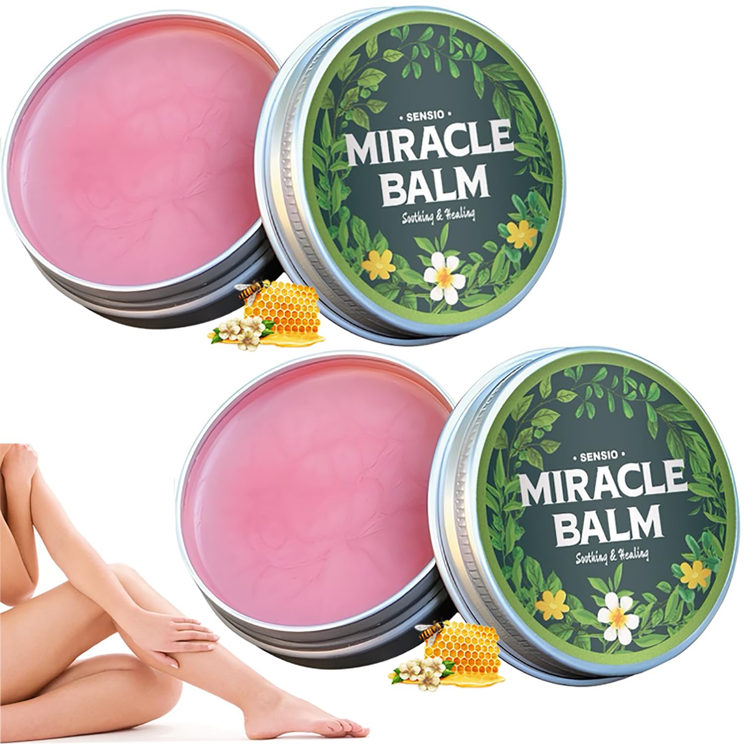 SENSIO MIRACLE Balm 2-pack packaging emphasizes value for daily leg care.