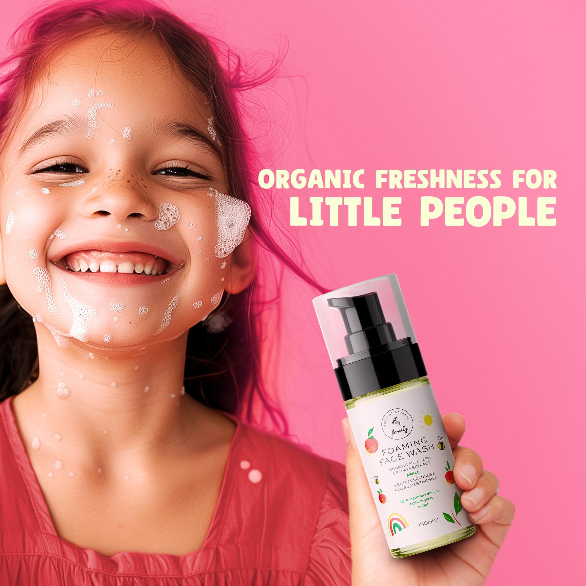 The Natural and Organic Family Kids Foaming Face Wash bottle displays sensitive-skin-friendly formula.