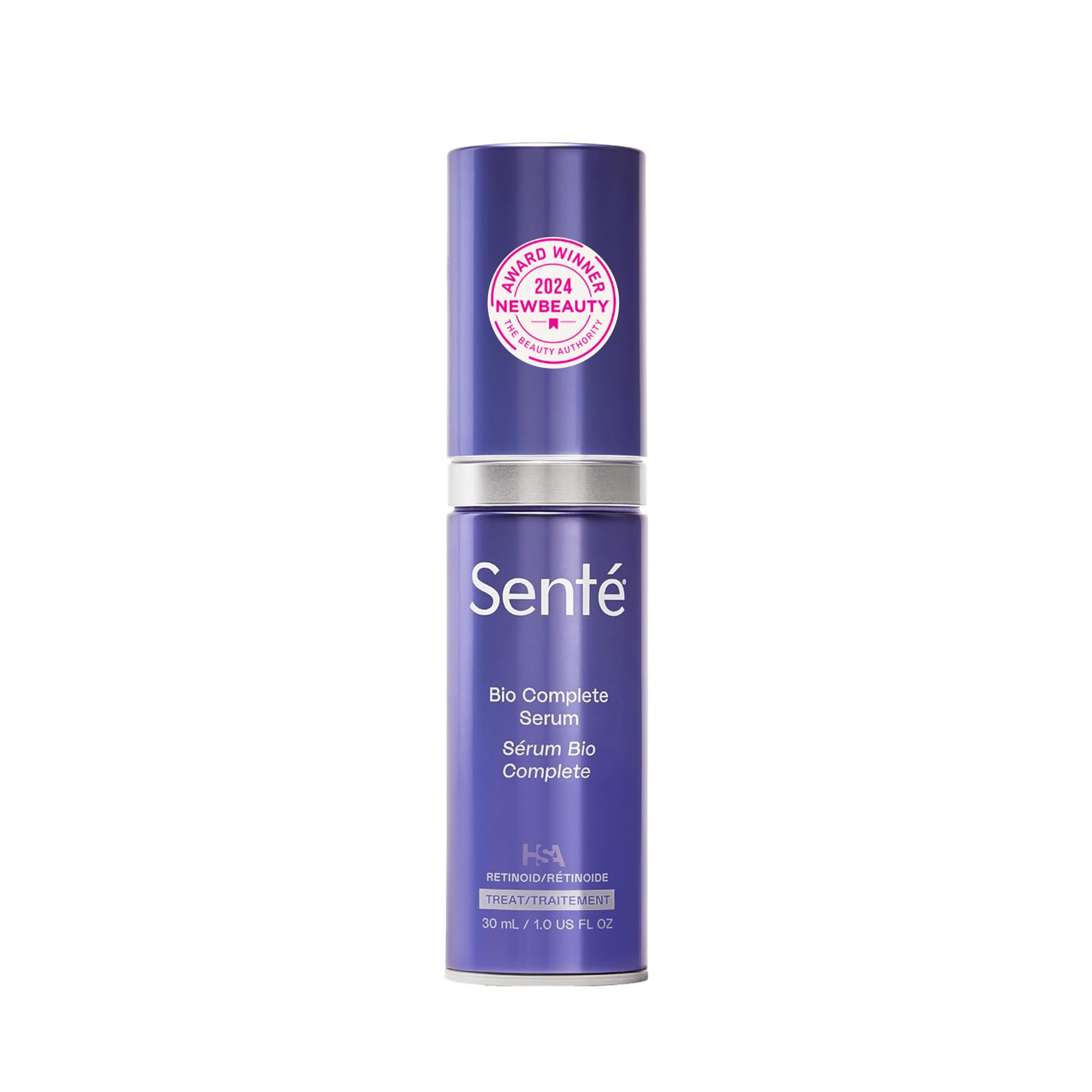 Sente Bio Complete Serum bottle demonstrates a gentle, hydrating retinoid formula for sensitive skin.