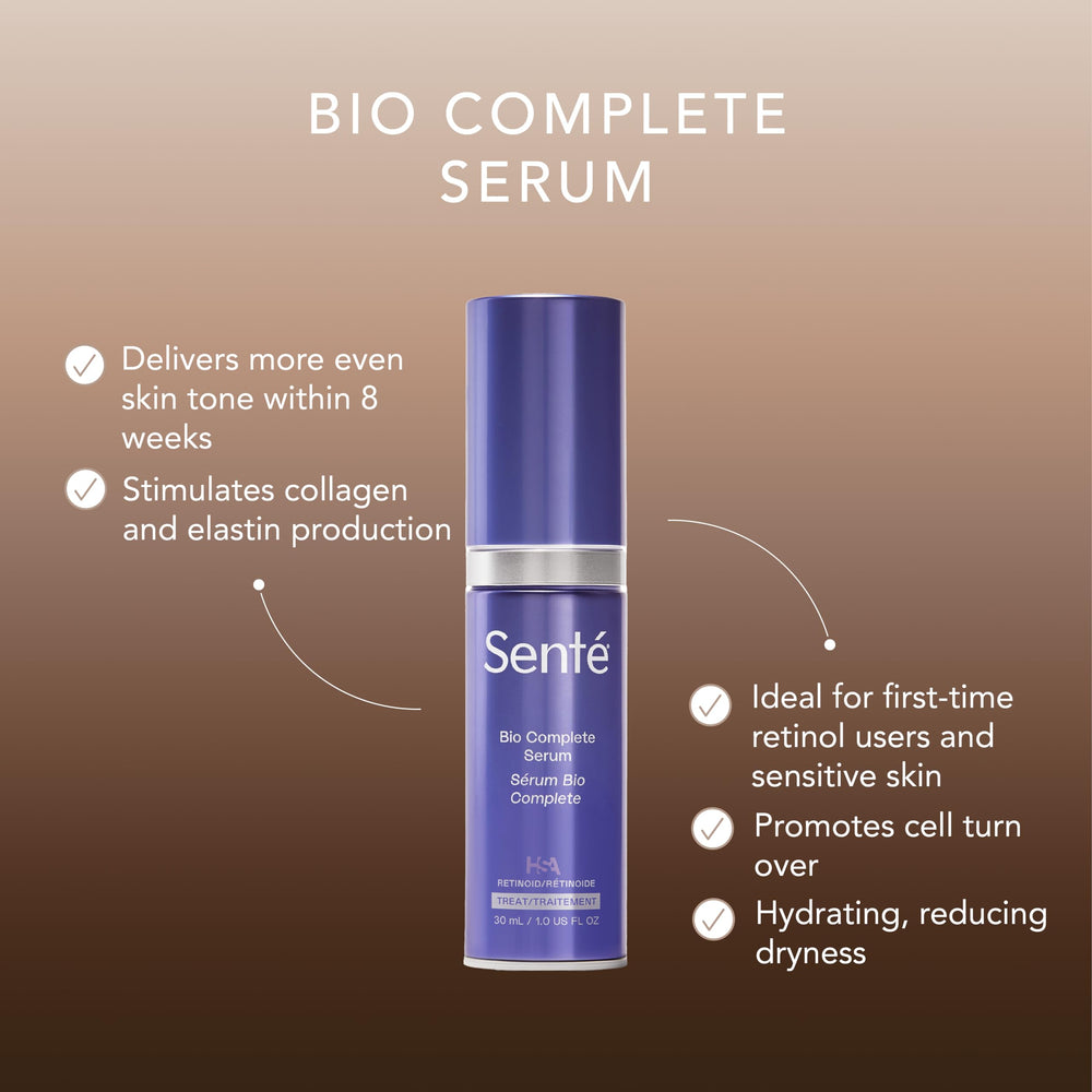 Sente Bio Complete Serum texture swirl highlights silky hydration without irritation.