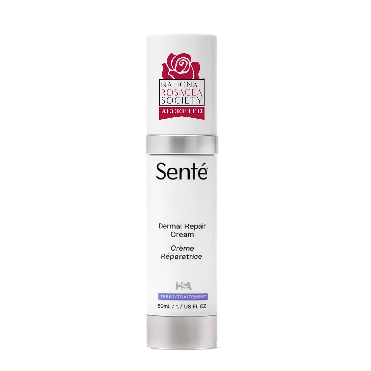 Senté Dermal Repair Facial Cream tube closeup shows hydrating formula for sensitive skin.