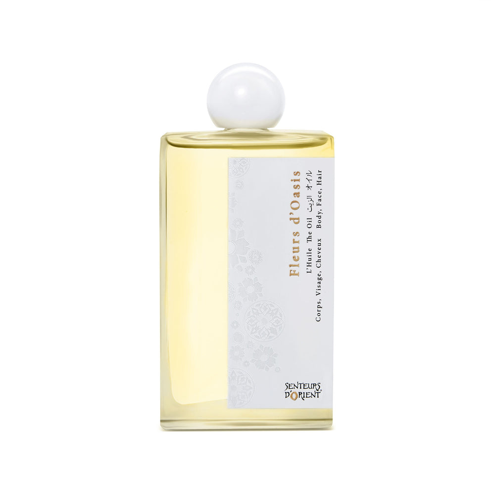 Senteurs d'Orient Fleurs d'Oasis oil ingredients showcase a plant-based blend for nourishing skin and hair.