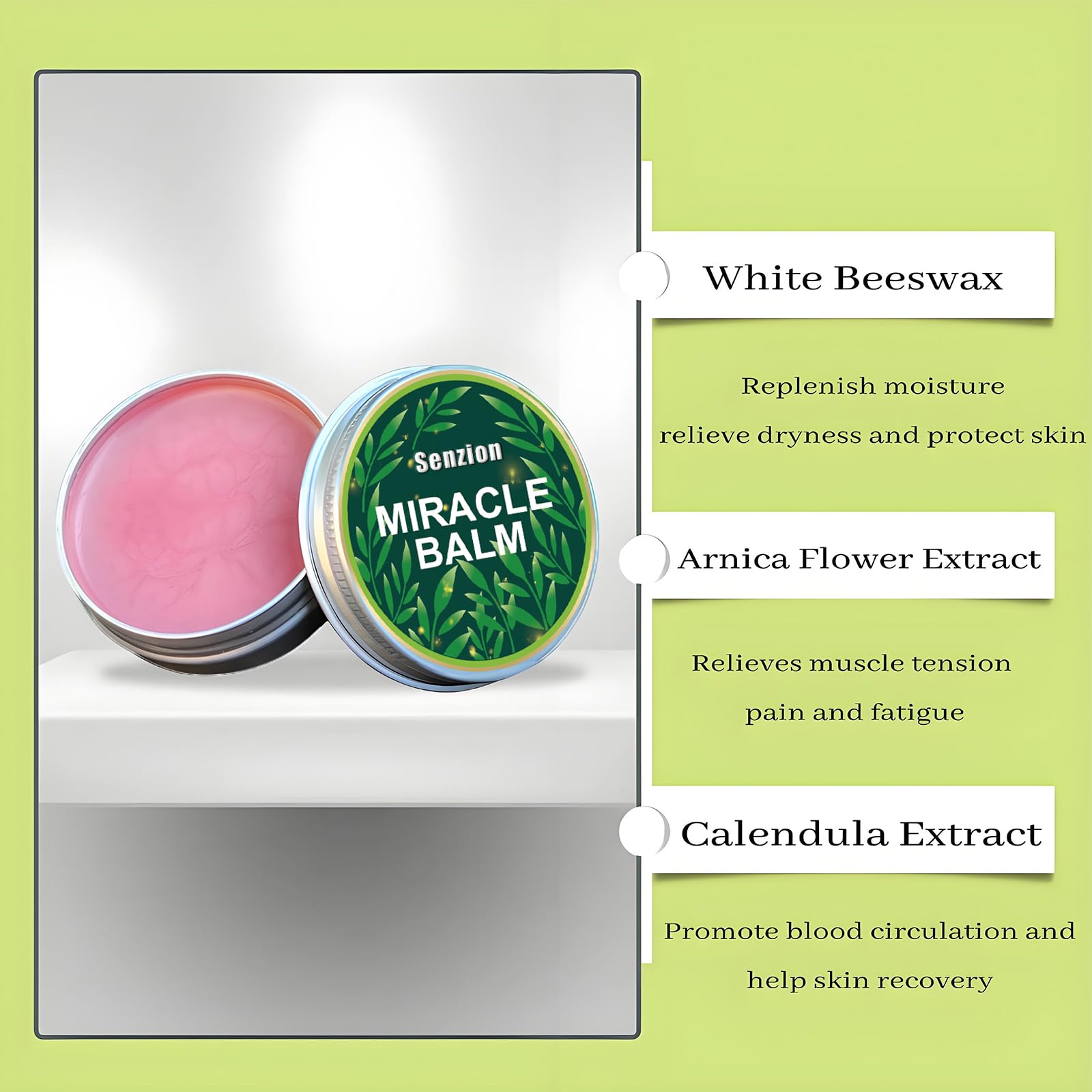 Senzion Miracle Balm back-relief on the back for tension relief.