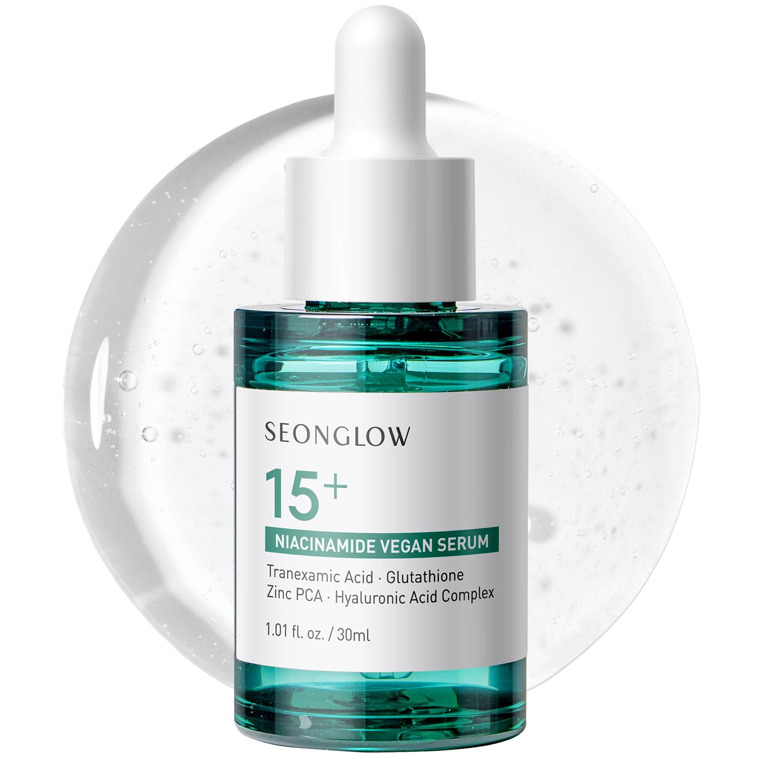 SEONGLOW 15% Niacinamide serum bottle close-up for brighter skin possibilities.