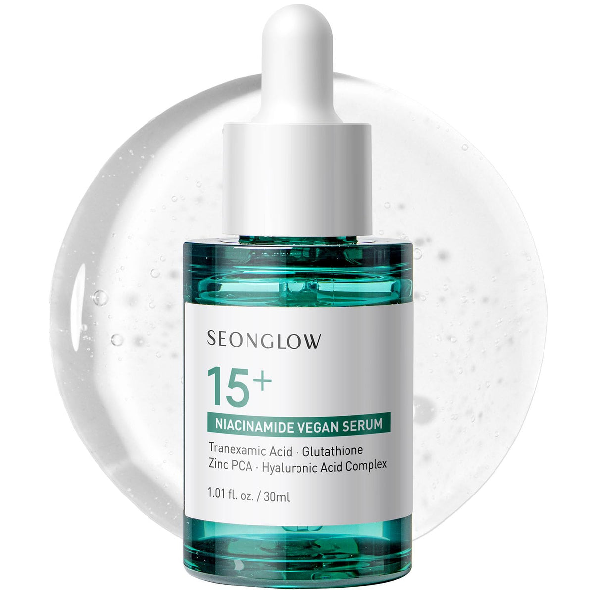 SEONGLOW 15% Niacinamide serum bottle close-up for brighter skin possibilities.