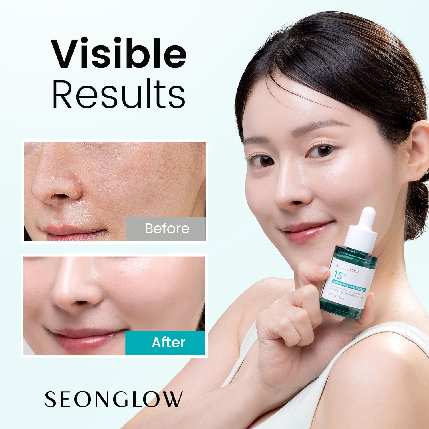 SEONGLOW Niacinamide serum packaging front highlighting premium formula and easy daily use.