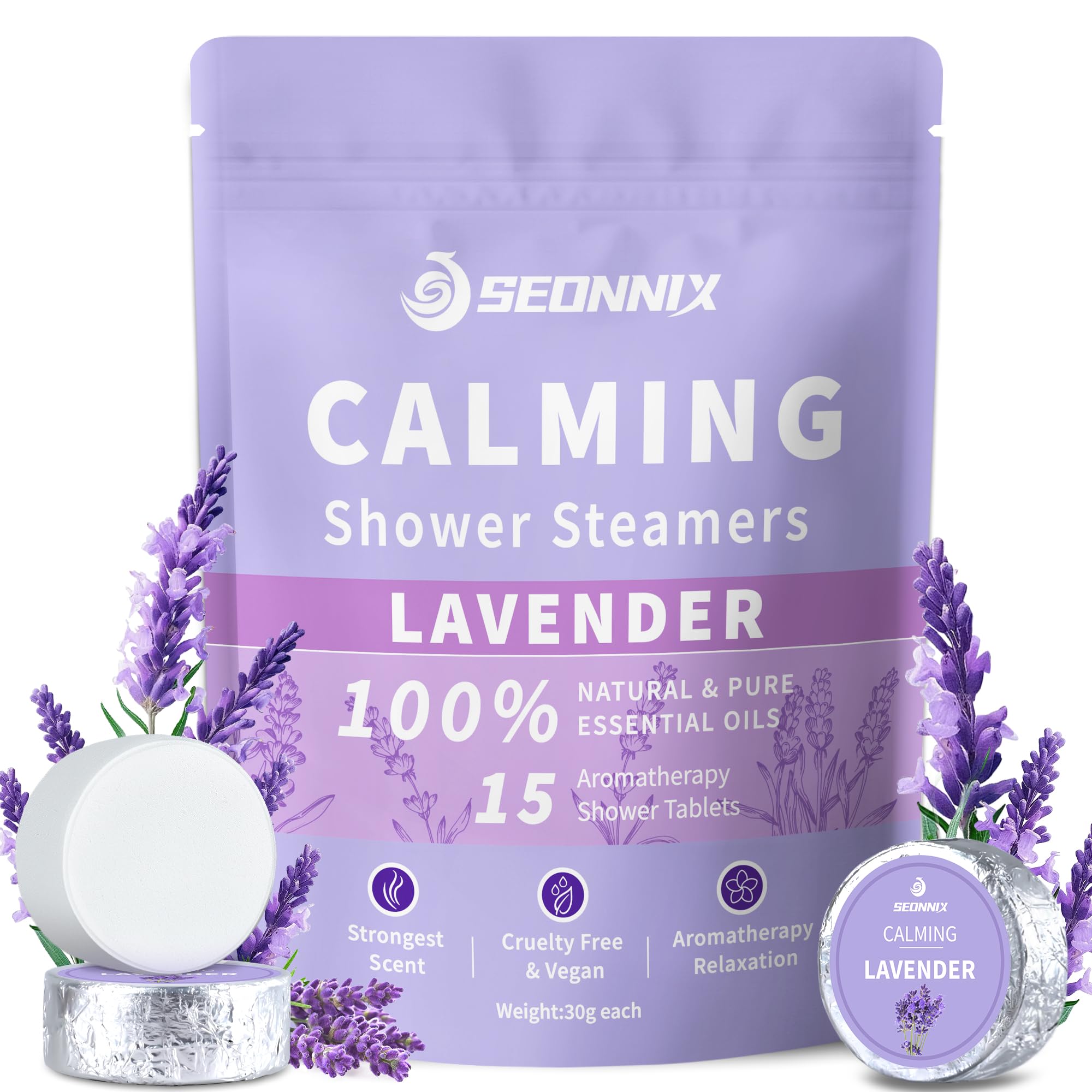 SEONNIX lavender shower steamer pour showing extended aroma release for a soothing shower