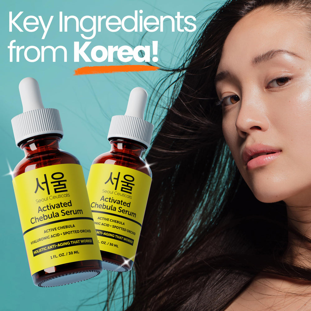 SeoulCeuticals Chebula Active Serum on a bathroom shelf, suggesting easy daily use.