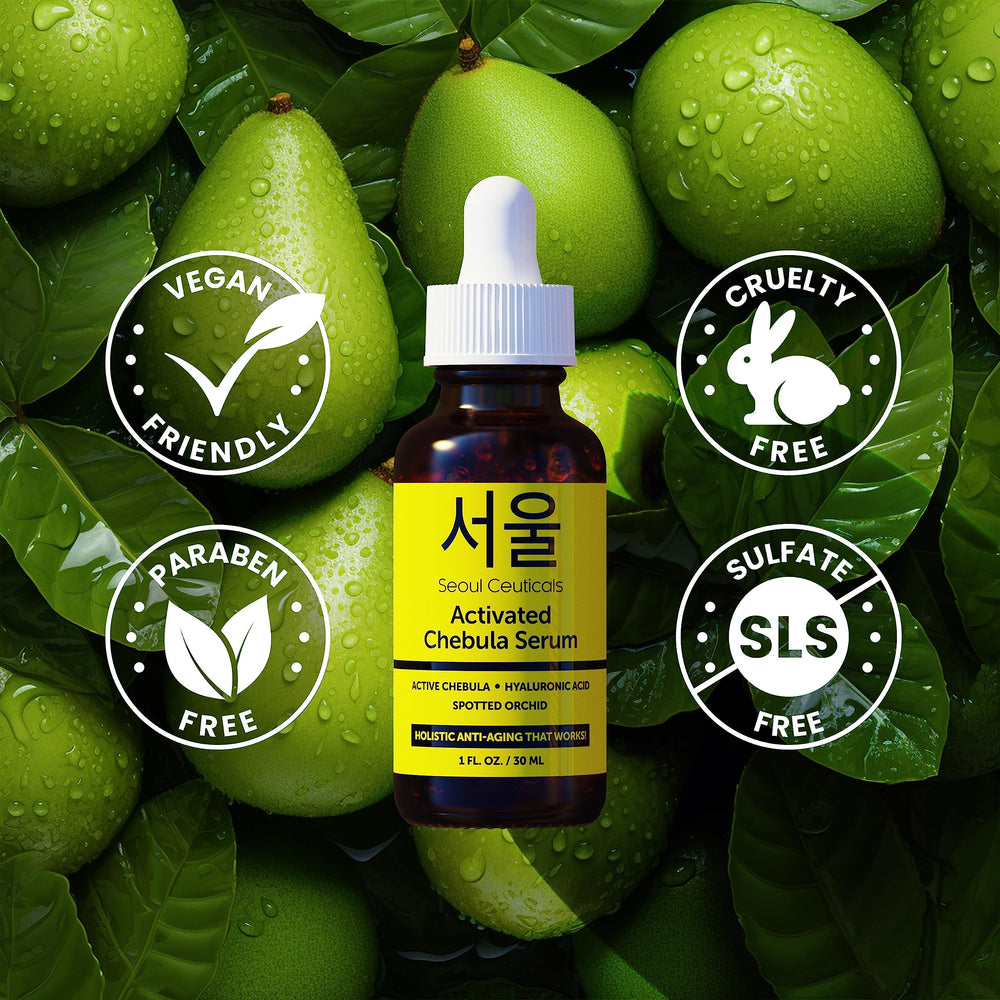 SeoulCeuticals Chebula Active Serum cap and label close-up, signaling quality ingredients like hyaluronic acid.