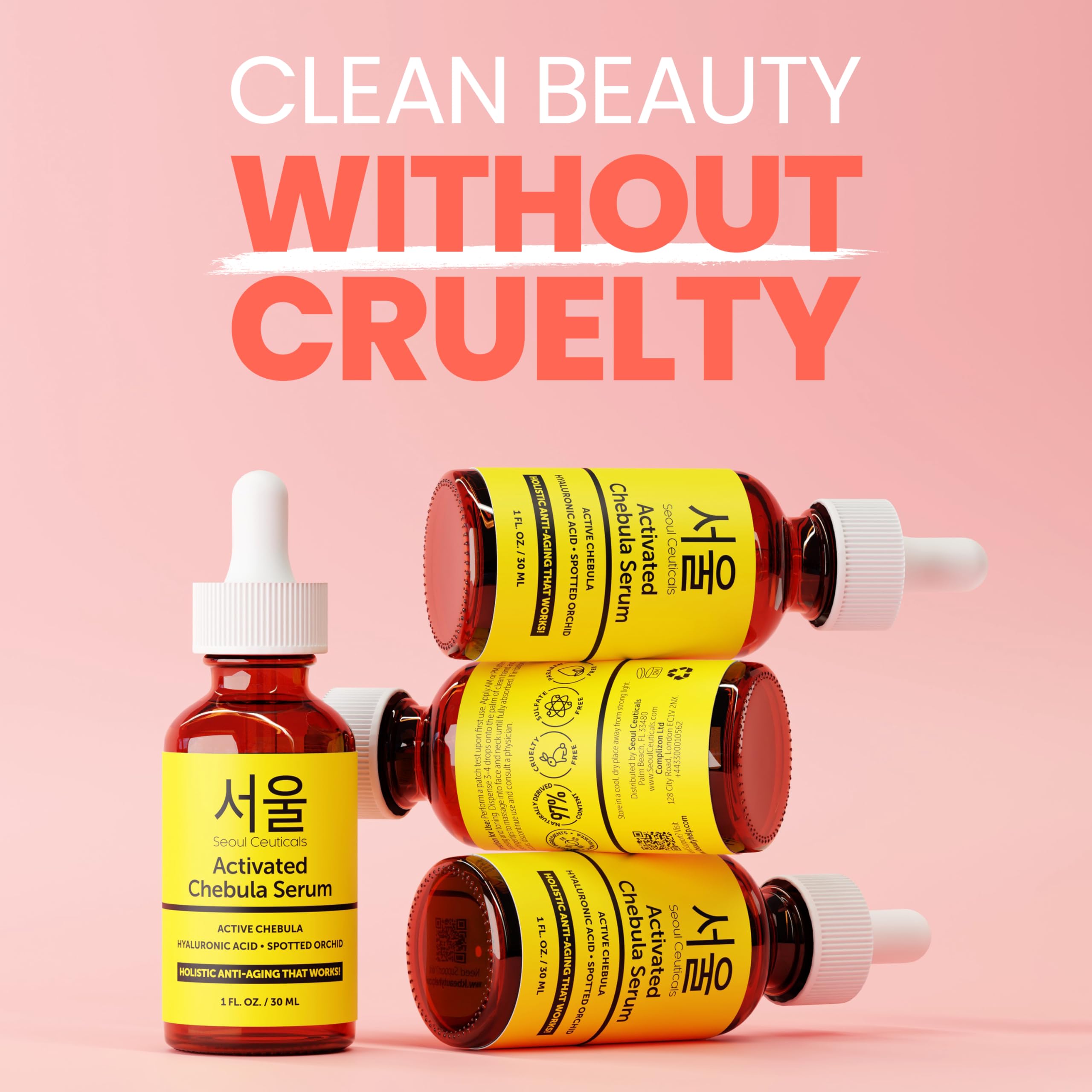 SeoulCeuticals Chebula Active Serum dropper and bottle, signaling ready-to-use anti-aging skincare routine.