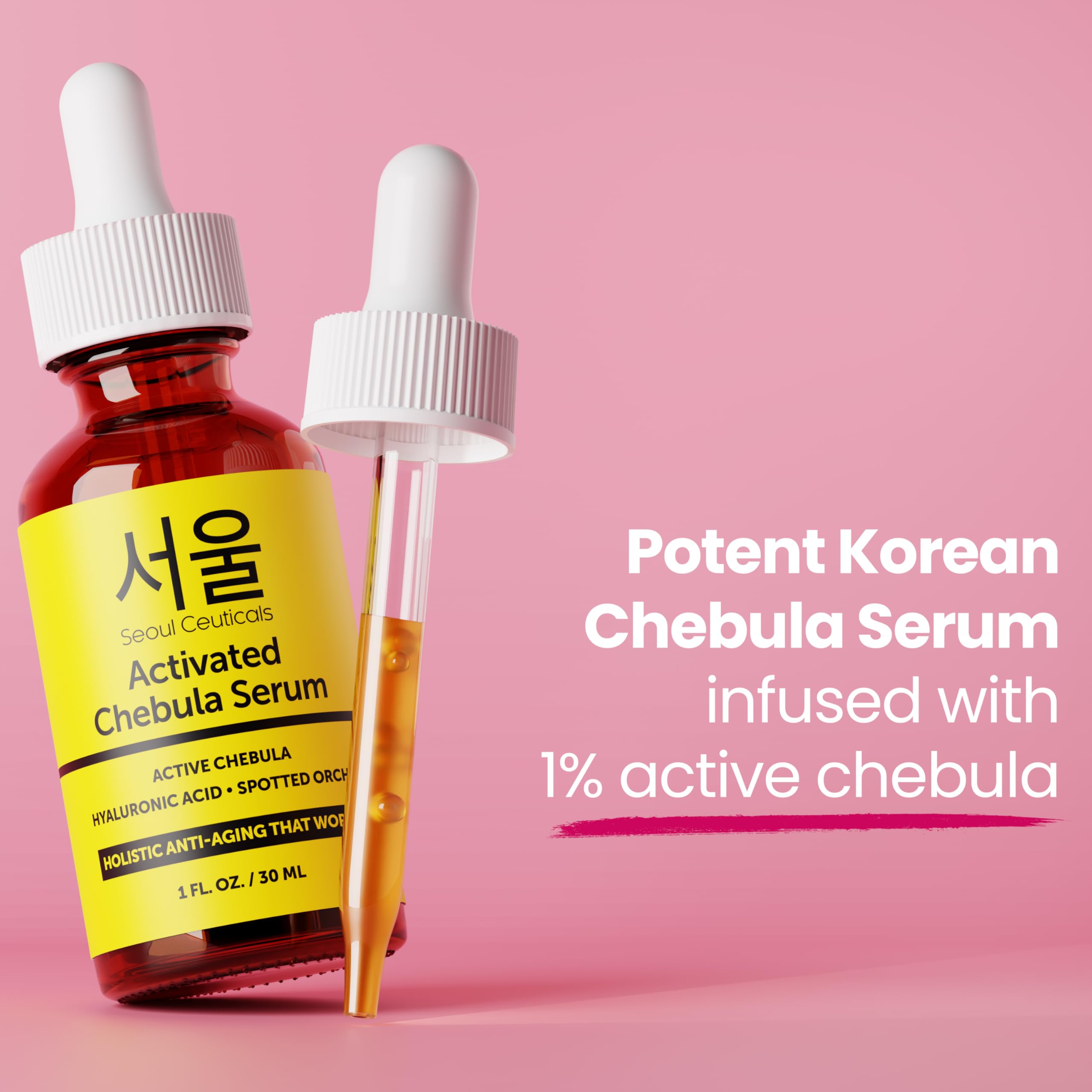 SeoulCeuticals Chebula Active Serum with spotted orchid, calming the discoloration and promoting uniform tone.